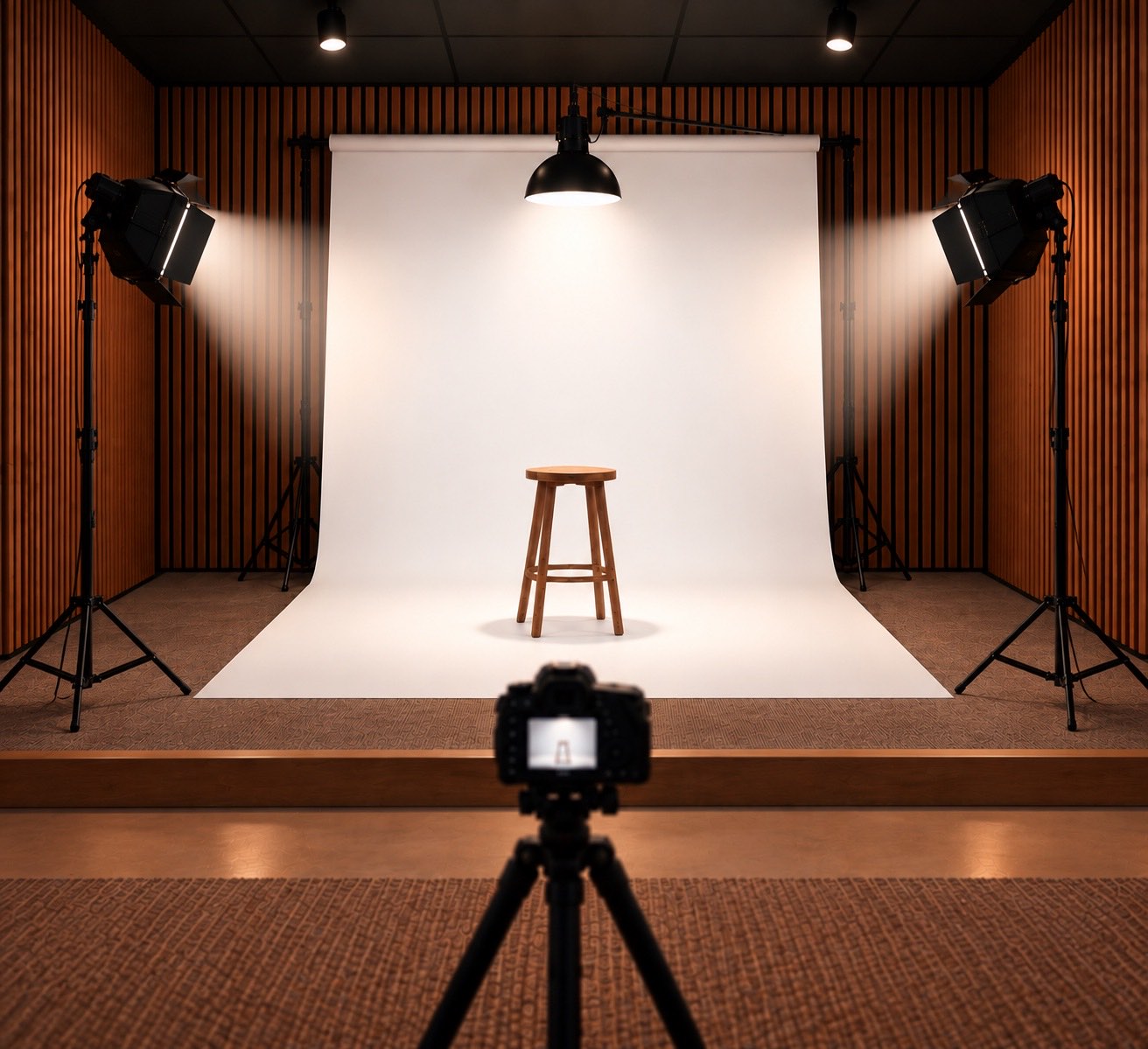 Fotostudio met witte achtergronddoek, een kruk en drie lampen opgesteld rond de plek waar het onderwerp staat, met een camera op statief ervoor