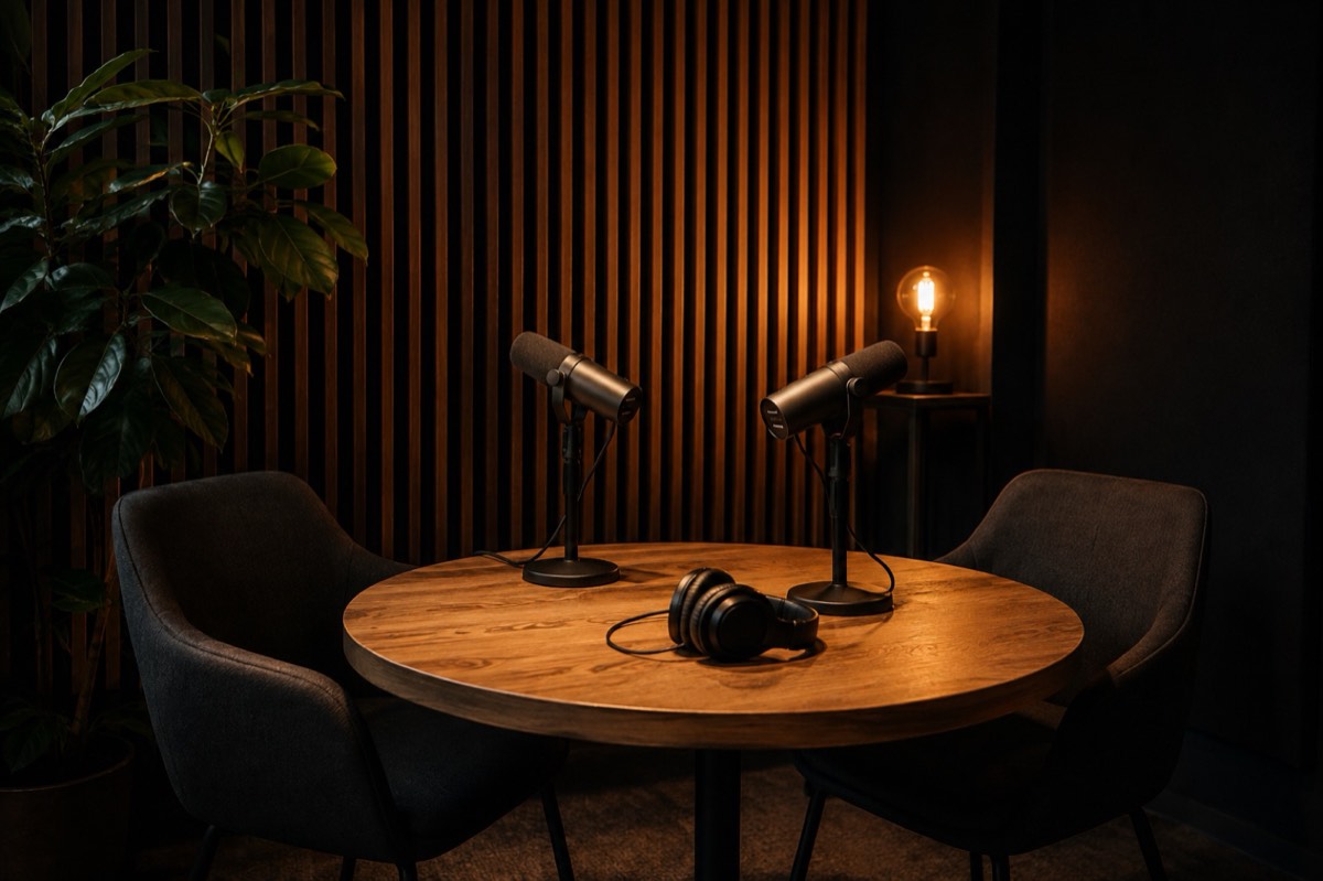 Podcasttafel met twee microfoons in onze studio in Lichtervelde