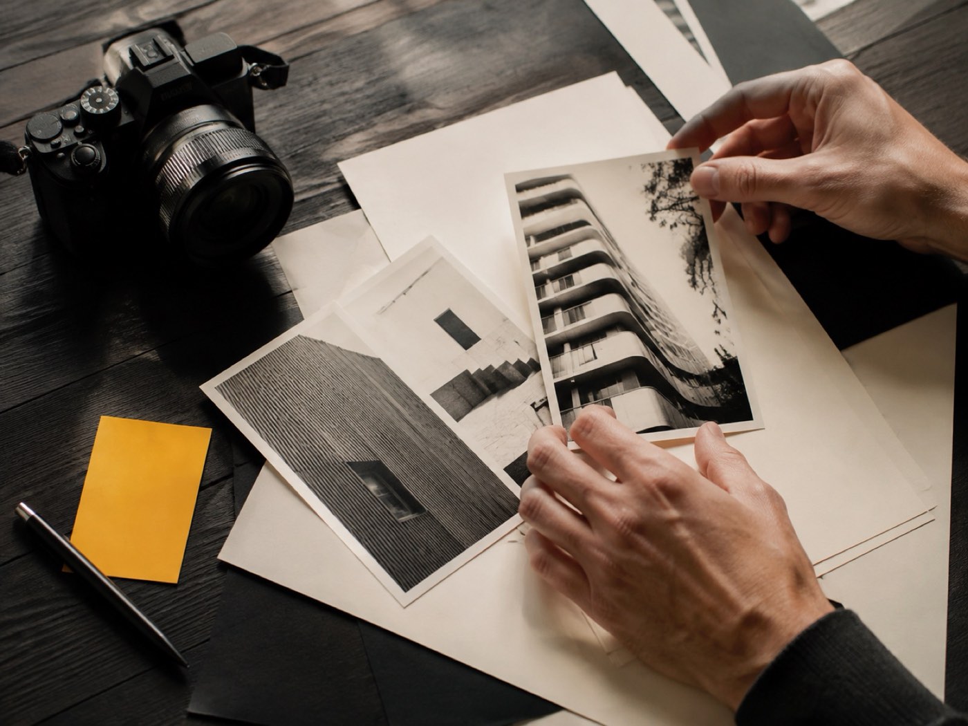 Camera naast afgedrukte foto's die nagekeken worden